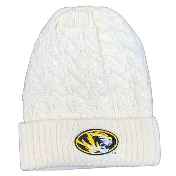 Ladies Ivory Cable Knit Oval Tiger Beanie